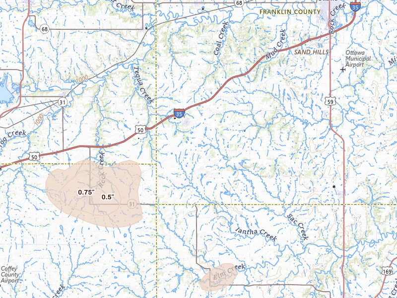 Radar-estimated hail-size map of the storm over Williamsburg, KS on May 31, 2026