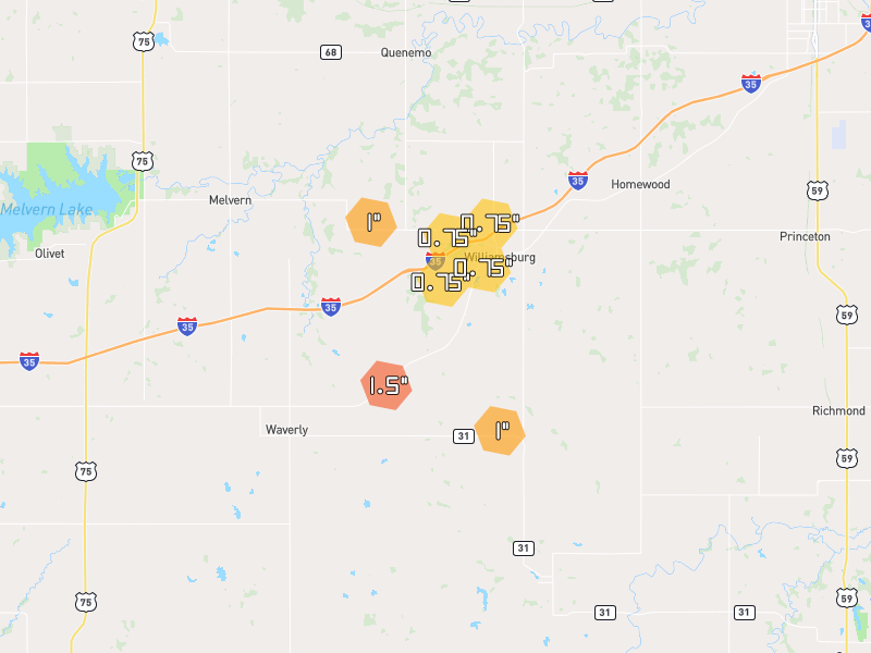Hail map of Williamsburg, KS on Jun 9, 2026, hail up to 1.5"