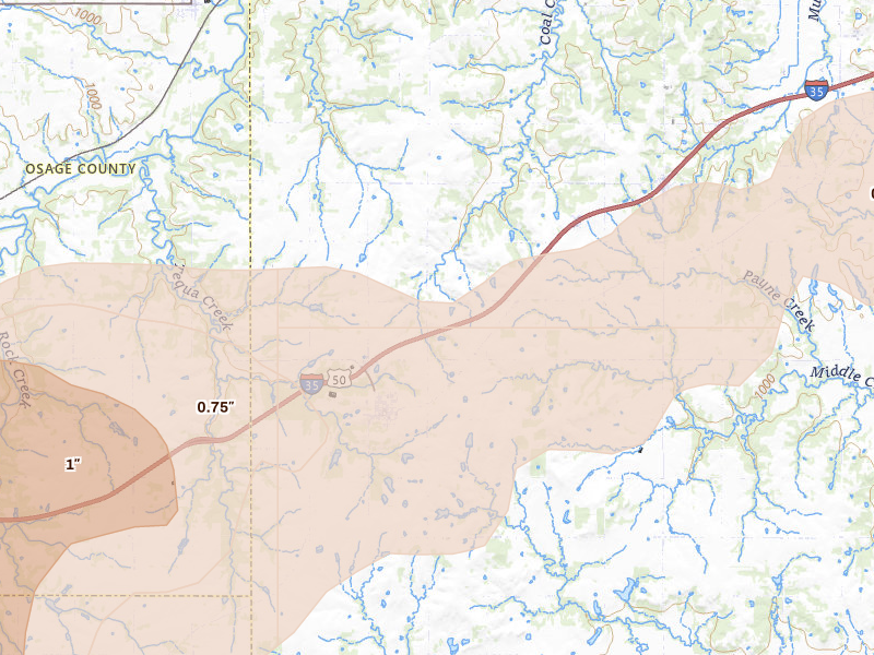Radar-estimated hail-size map of the storm over Williamsburg, KS on Aug 5, 2026