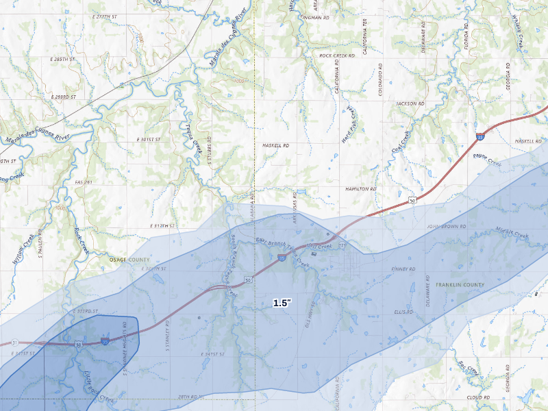 NEXRAD radar-signature map of the hail storm over Williamsburg, KS on Aug 5, 2026