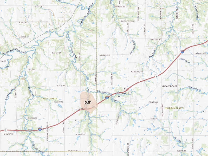 Radar-estimated hail-size map of the storm over Williamsburg, KS