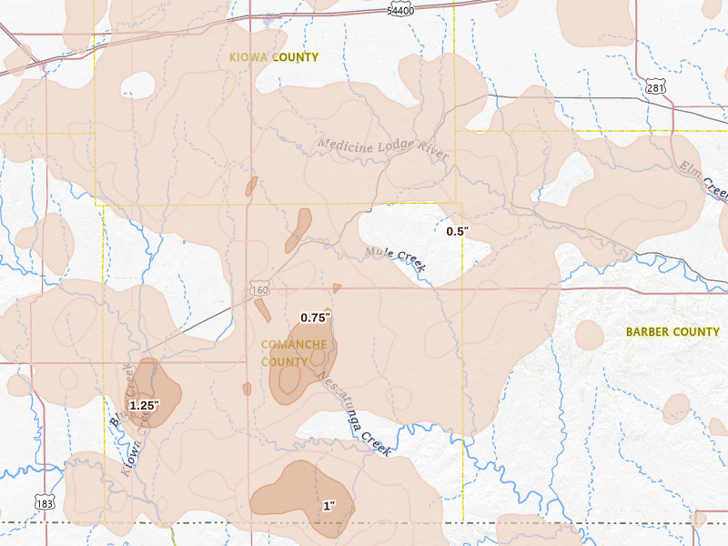 Radar-estimated hail-size map of the storm over Wilmore, KS on Jun 1, 2026