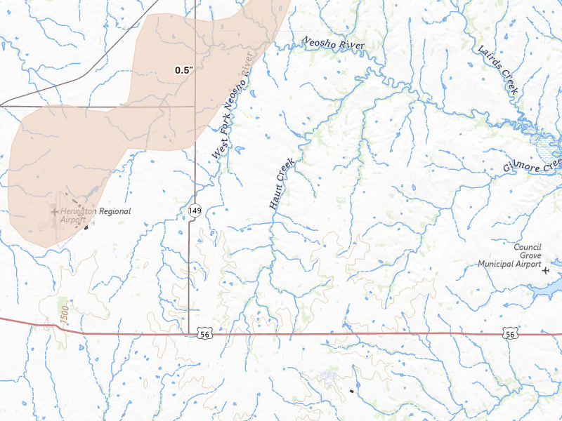 Radar-estimated hail-size map of the storm over Wilsey, KS on Mar 6, 2026