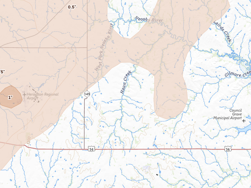 Radar-estimated hail-size map of the storm over Wilsey, KS on Apr 23, 2026