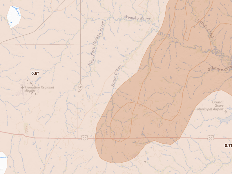 Radar-estimated hail-size map of the storm over Wilsey, KS on Apr 26, 2026