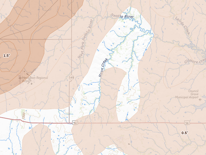 Radar-estimated hail-size map of the storm over Wilsey, KS on May 18, 2026