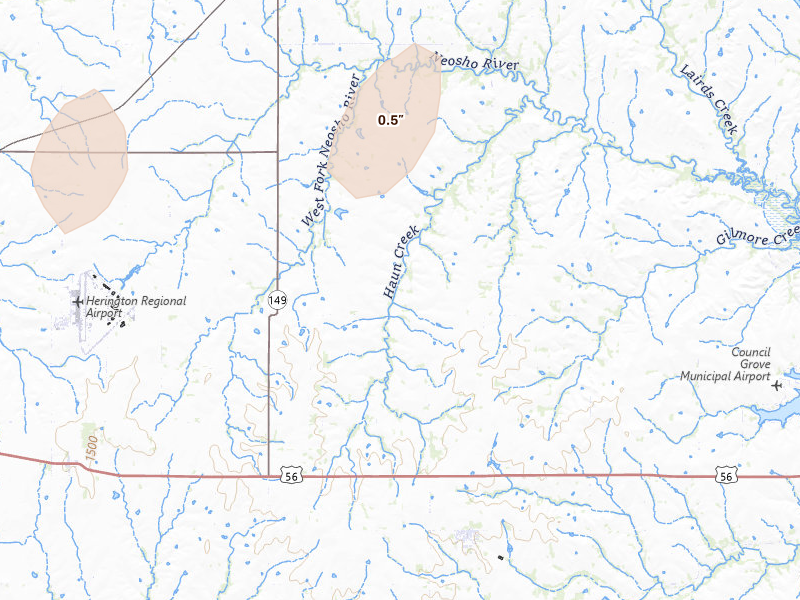 Radar-estimated hail-size map of the storm over Wilsey, KS on May 30, 2026