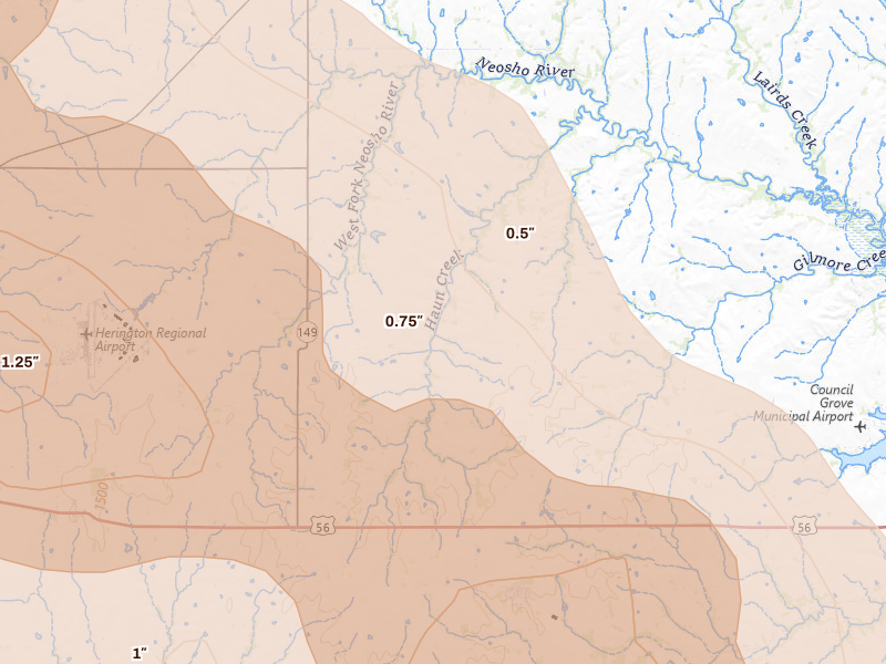 Radar-estimated hail-size map of the storm over Wilsey, KS on Jun 10, 2026