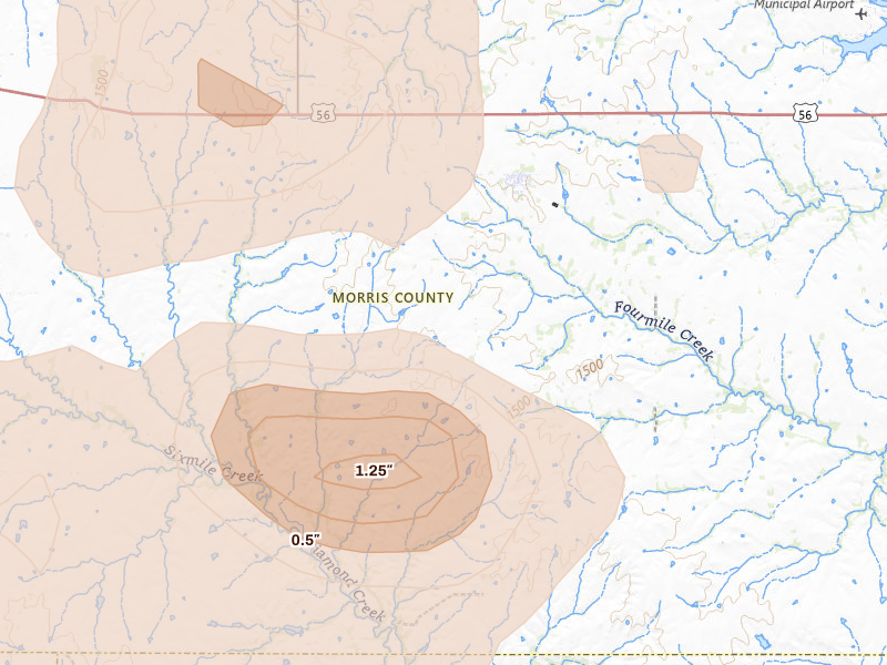 Radar-estimated hail-size map of the storm over Wilsey, KS on Aug 6, 2026