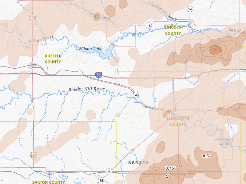 Radar-estimated hail-size map of the storm over Wilson, KS on Apr 26, 2026