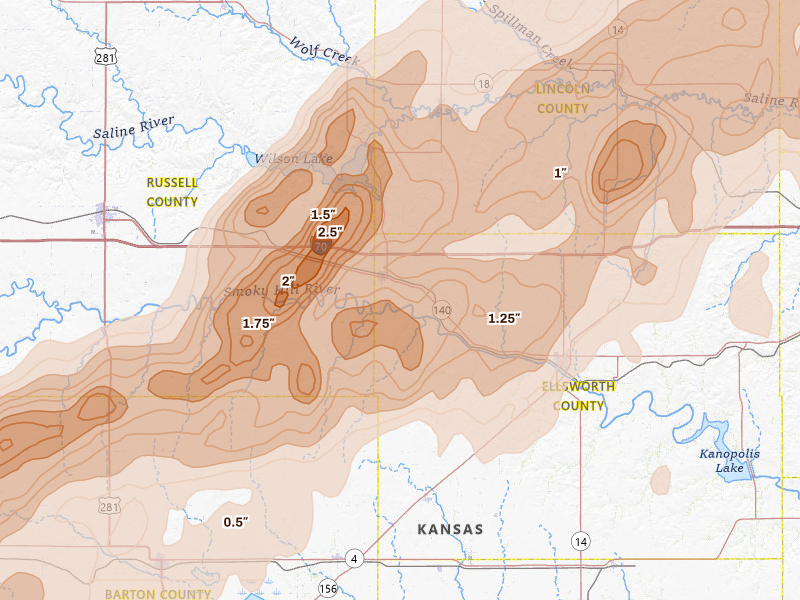 Radar-estimated hail-size map of the storm over Wilson, KS on May 17, 2026