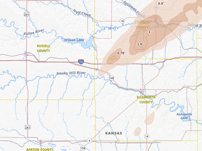 Radar-estimated hail-size map of the storm over Wilson, KS on May 18, 2026
