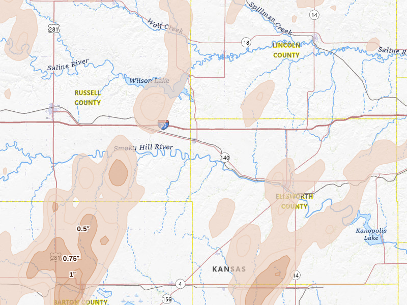 Radar-estimated hail-size map of the storm over Wilson, KS on May 30, 2026