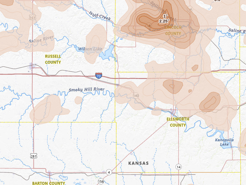 Radar-estimated hail-size map of the storm over Wilson, KS on Jun 8, 2026
