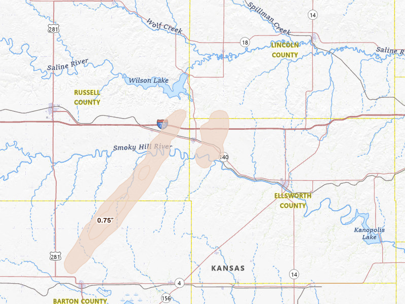 Radar-estimated hail-size map of the storm over Wilson, KS on Jun 9, 2026