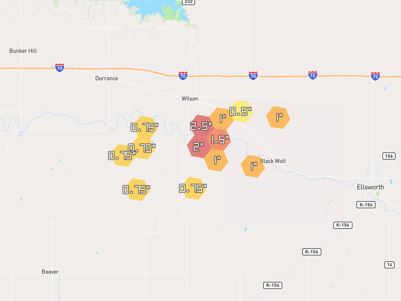Hail map of Wilson, KS on Jun 9, 2026, hail up to 2.5"