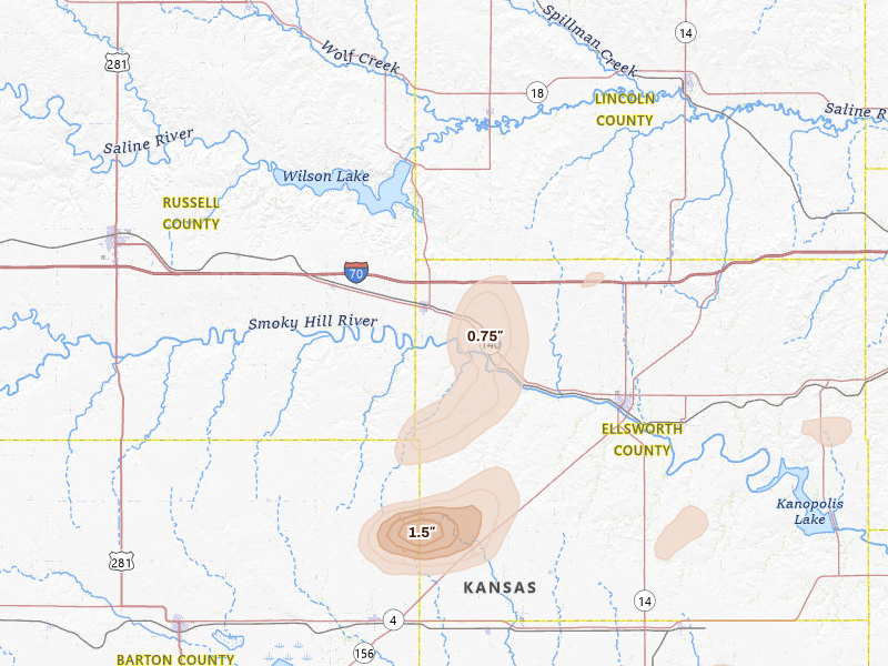 Radar-estimated hail-size map of the storm over Wilson, KS on Jul 9, 2026