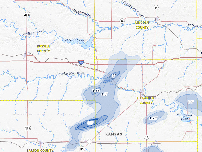 NEXRAD radar-signature map of the hail storm over Wilson, KS on Jul 9, 2026