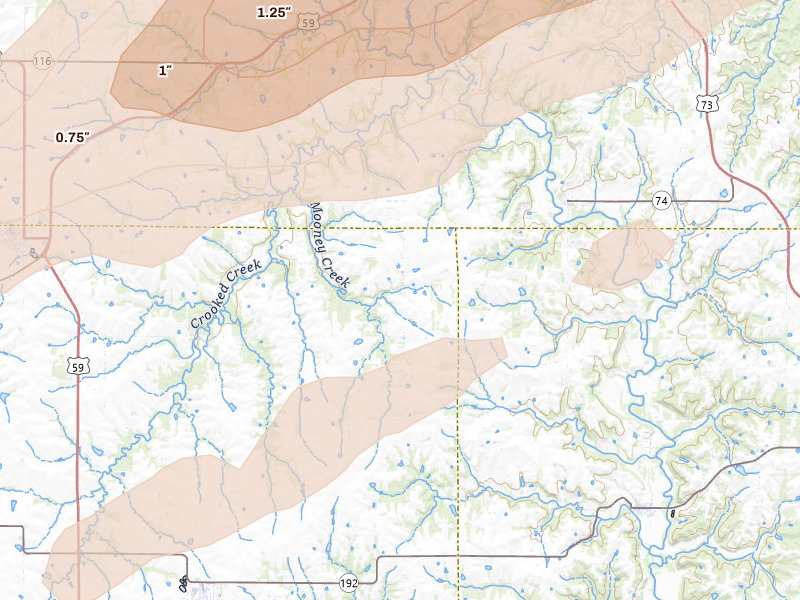 Radar-estimated hail-size map of the storm over Winchester, KS on Apr 17, 2026