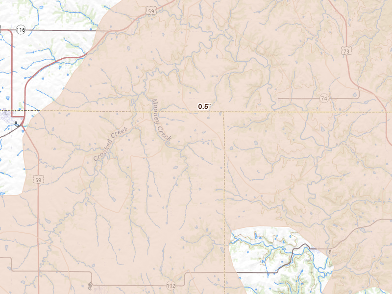 Radar-estimated hail-size map of the storm over Winchester, KS on Apr 26, 2026
