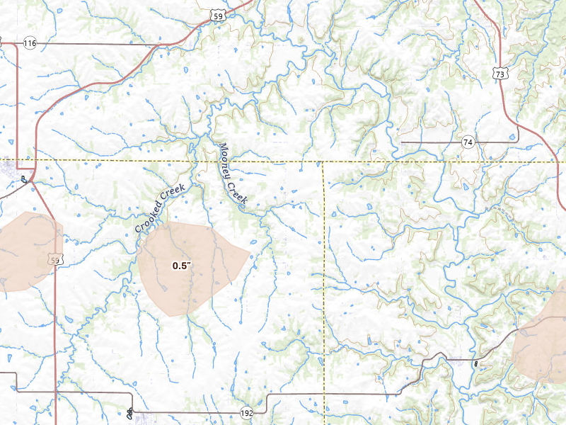 Radar-estimated hail-size map of the storm over Winchester, KS on May 18, 2026