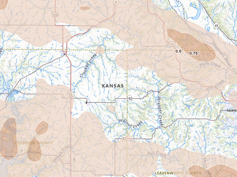 Radar-estimated hail-size map of the storm over Winchester, KS on Aug 18, 2026
