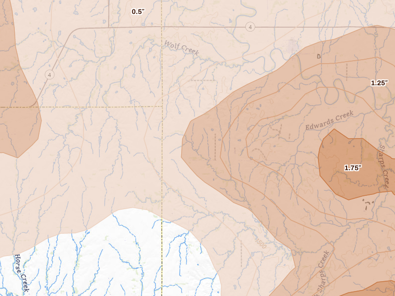 Radar-estimated hail-size map of the storm over Windom, KS on Apr 26, 2026
