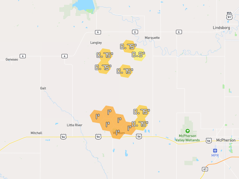 Hail map of Windom, KS on Jun 9, 2026, hail up to 1"