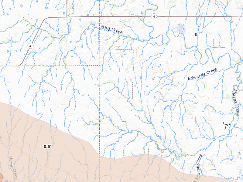 Radar-estimated hail-size map of the storm over Windom, KS on Jun 10, 2026