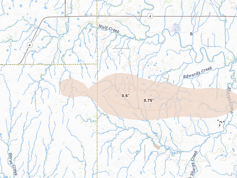 Radar-estimated hail-size map of the storm over Windom, KS on Jul 4, 2026