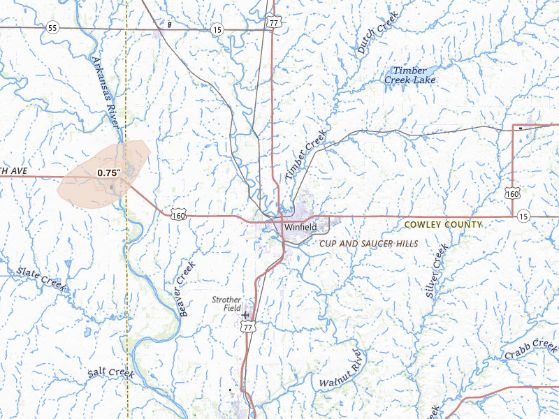 Radar-estimated hail-size map of the storm over Winfield, KS on Mar 1, 2026