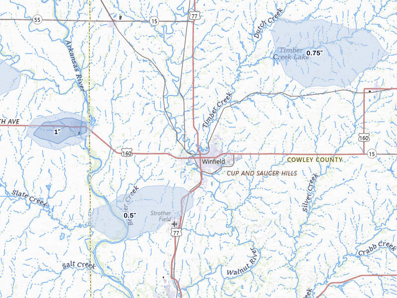 NEXRAD radar-signature map of the hail storm over Winfield, KS on Mar 1, 2026