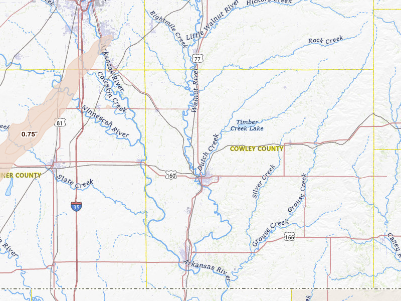 Radar-estimated hail-size map of the storm over Winfield, KS on Mar 5, 2026