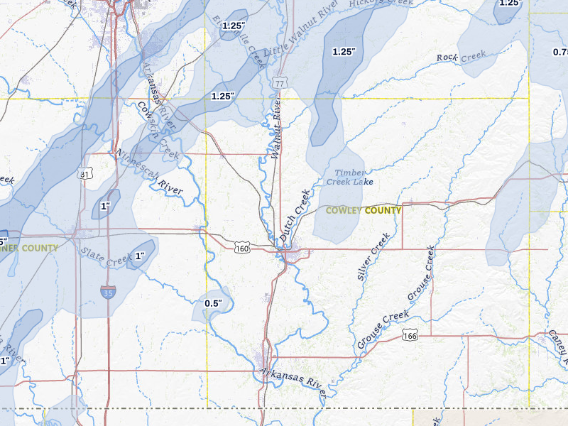 NEXRAD radar-signature map of the hail storm over Winfield, KS on Mar 5, 2026