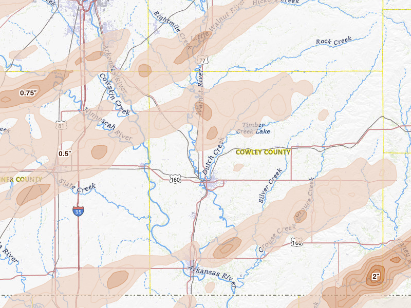 Radar-estimated hail-size map of the storm over Winfield, KS on Apr 17, 2026