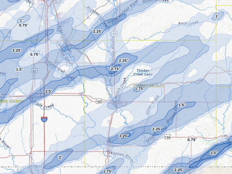 NEXRAD radar-signature map of the hail over Winfield, KS