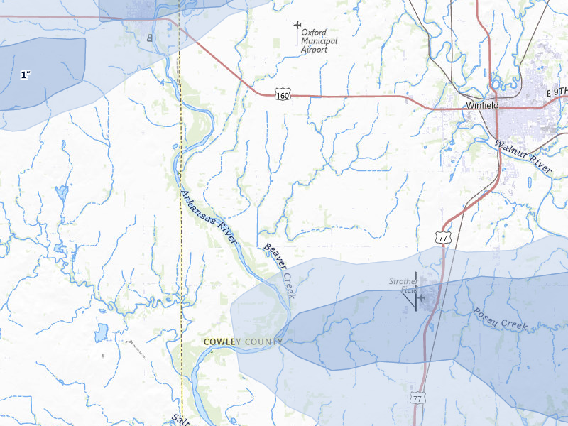 NEXRAD radar-signature map of the hail storm over Winfield, KS on May 4, 2026