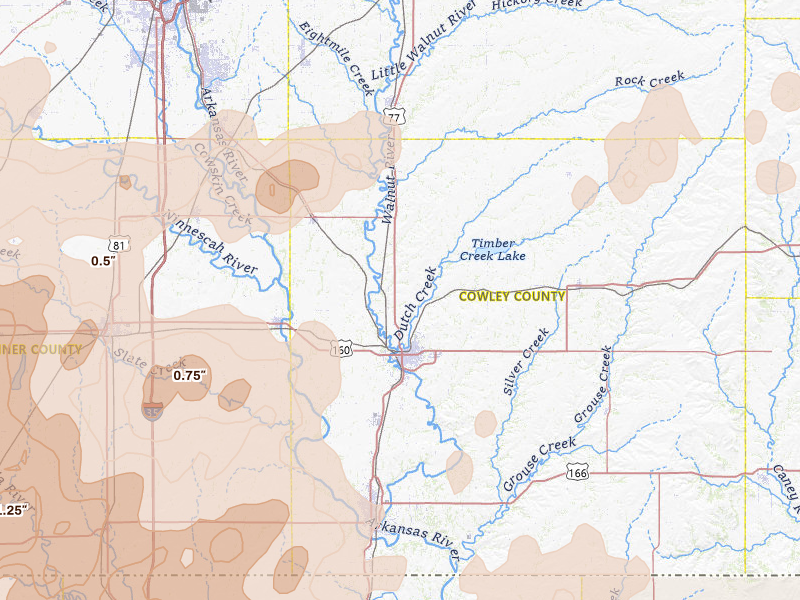Radar-estimated hail-size map of the storm over Winfield, KS on May 18, 2026