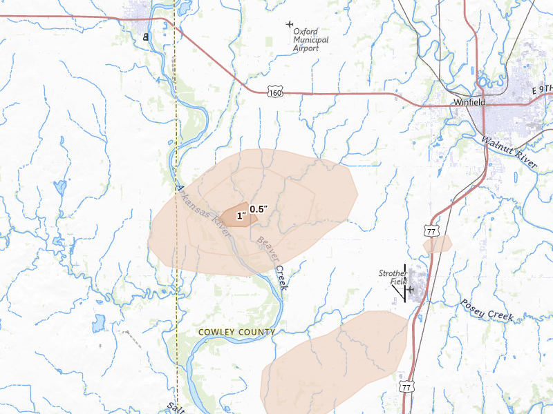 Radar-estimated hail-size map of the storm over Winfield, KS on May 30, 2026