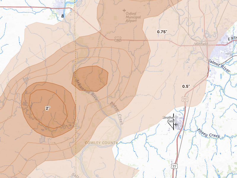 Radar-estimated hail-size map of the storm over Winfield, KS