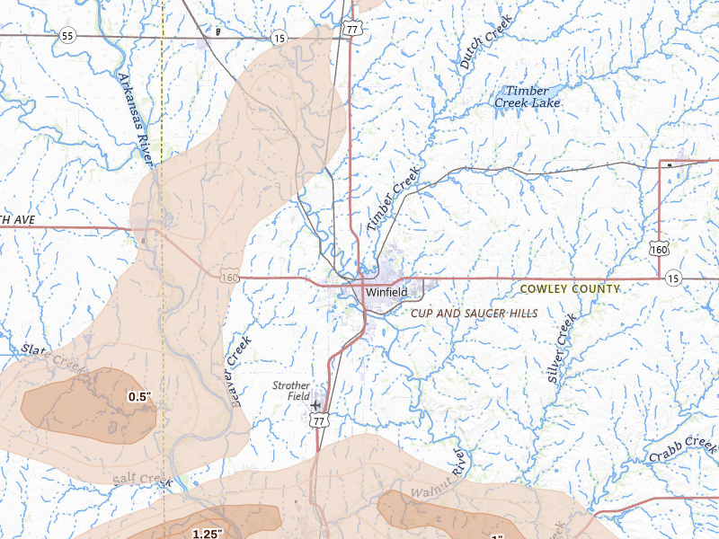 Radar-estimated hail-size map of the storm over Winfield, KS on Jun 17, 2026