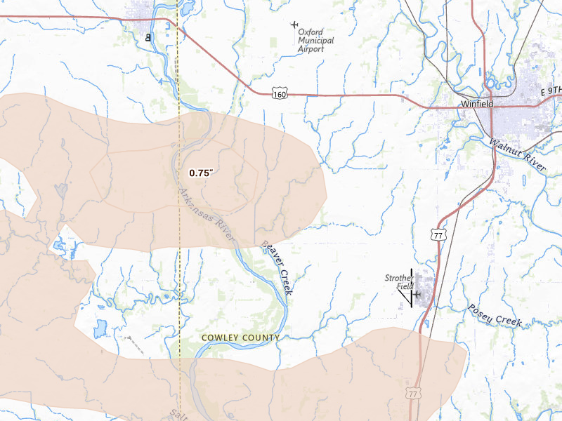 Radar-estimated hail-size map of the storm over Winfield, KS on Jun 18, 2026