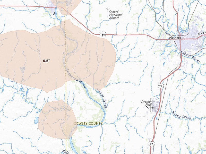 Radar-estimated hail-size map of the storm over Winfield, KS on Jun 20, 2026