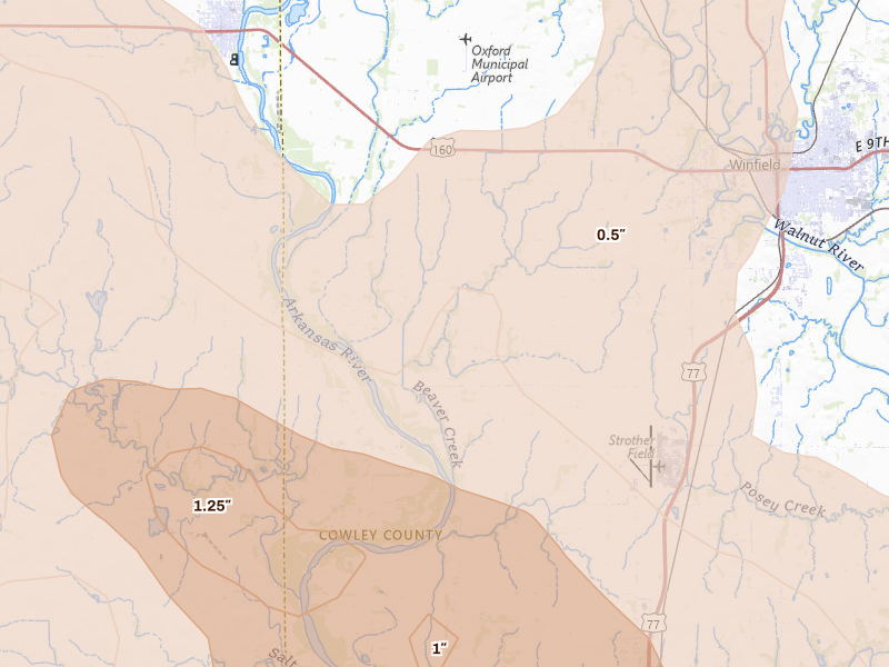 Radar-estimated hail-size map of the storm over Winfield, KS on Jul 4, 2026