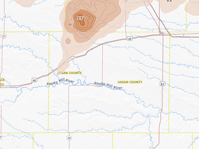 Radar-estimated hail-size map of the storm over Winona, KS on May 16, 2026