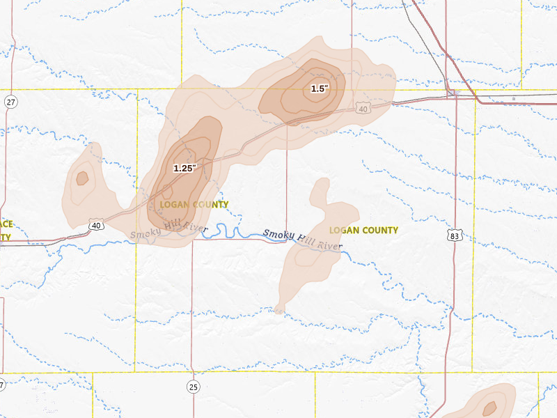 Radar-estimated hail-size map of the storm over Winona, KS on Jun 1, 2026
