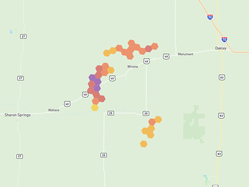 Hail map of Winona, KS on Jun 1, 2026, hail up to 2.75"