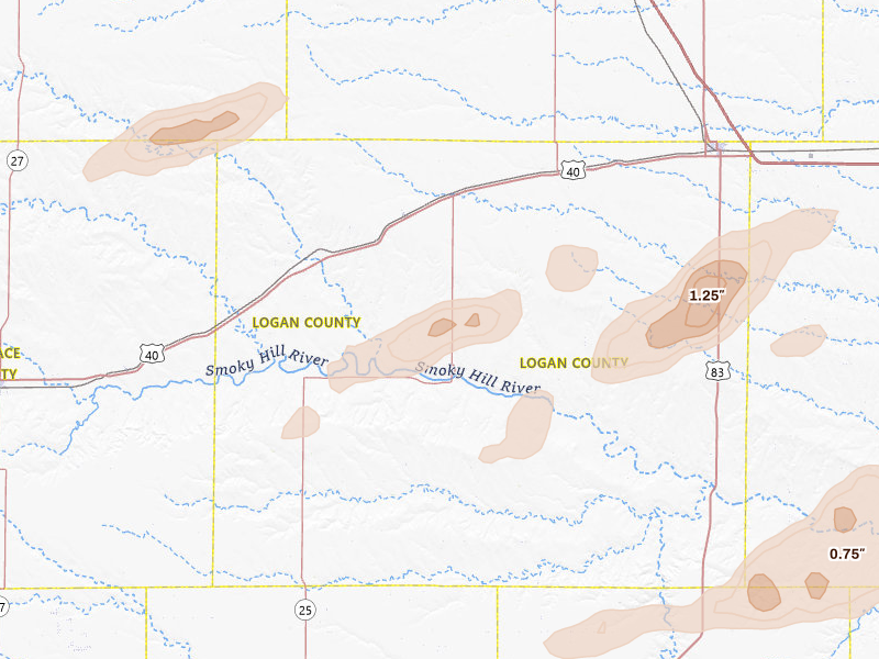 Radar-estimated hail-size map of the storm over Winona, KS on Jun 12, 2026
