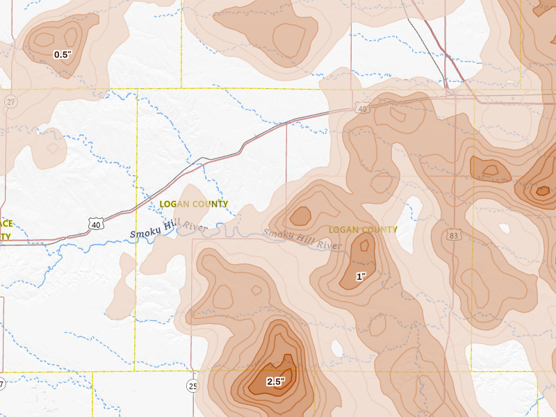 Radar-estimated hail-size map of the storm over Winona, KS on Jun 20, 2026