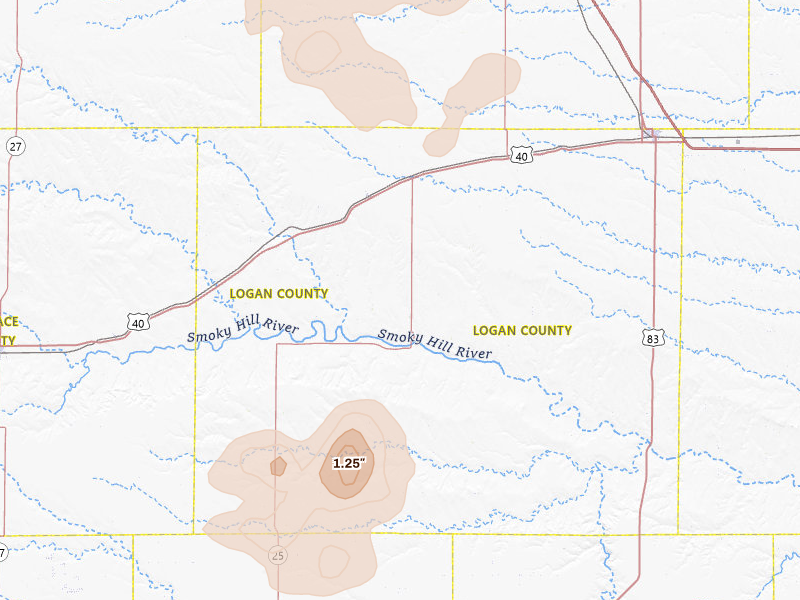 Radar-estimated hail-size map of the storm over Winona, KS on Jun 24, 2026